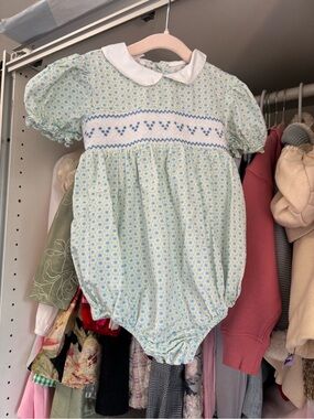 Classic Smocked Baby Bubble Romper - Light Blue and White